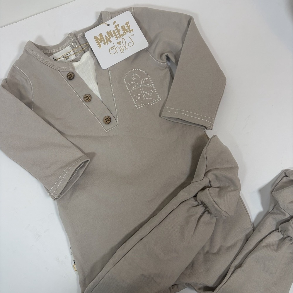New- Maniere Child Island Henley Footie‎ Sand Brown Beige 6 Months Beach